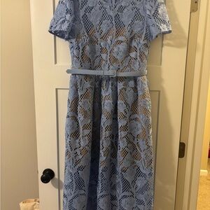 Self Portrait Light Blue Floral Lace Midi Dress with Belt